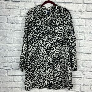 Lands End Shirt Dress Gray Black Animal Print Long Sleeve Button Up Size XL